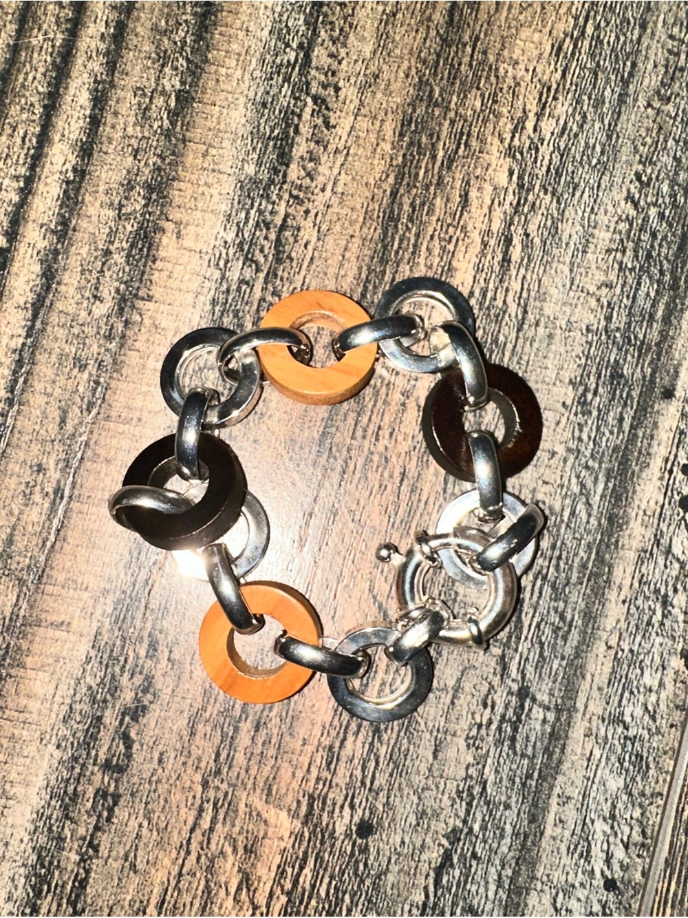 Chunky Italian made Silver 925 Link Bracelet with maple & Dark Brown Wood Accent
